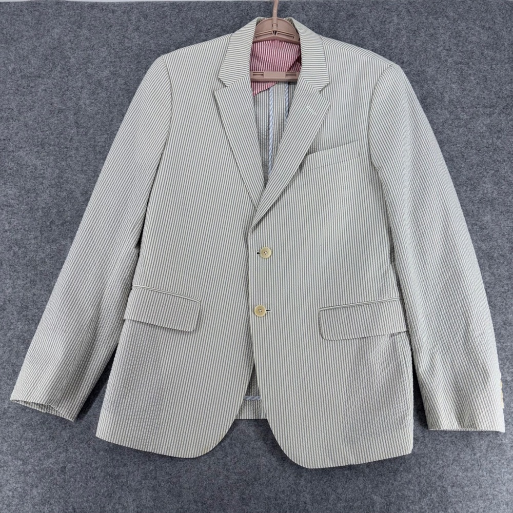 Haspel Mens Seersucker Blazer Tan White Striped Cotton Sport Coat 40R USA Made